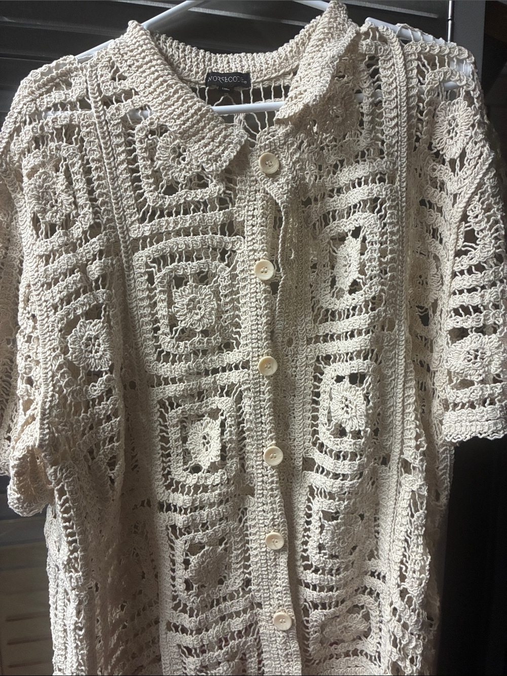 Norsecode Cream Crochet Button-Front Open-Knit Cardigan